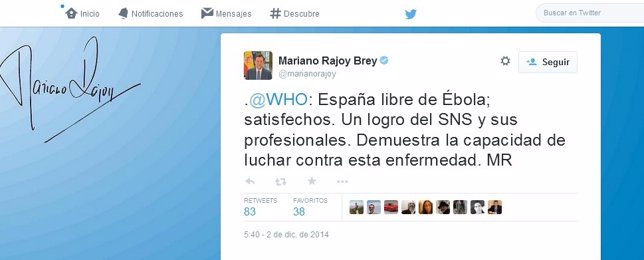 Tuit de Rajoy sobre el ébola