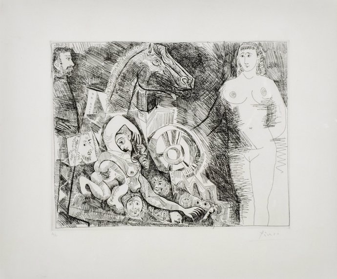 Pablo Picasso, 'Char Romain avec Ecuyère tombant Femme Nue et Spectateurs, 1968'