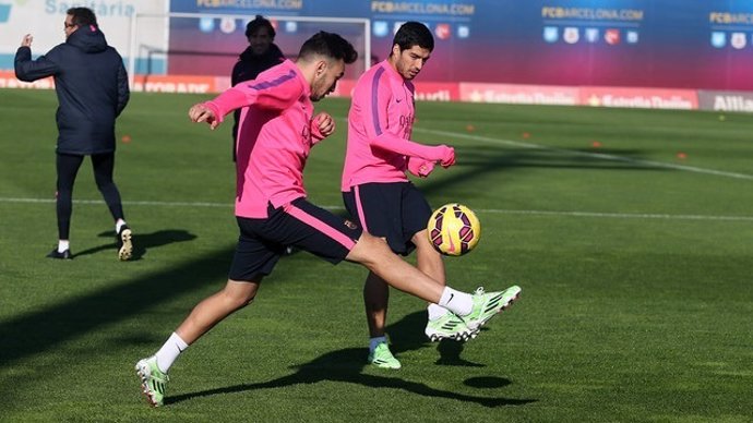 Munir y Luis Suárez en un entrenamiento con el FC Barcelona