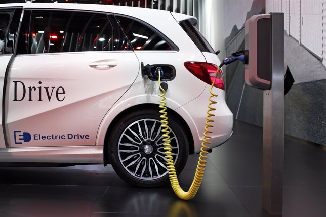 A Mercedes B-class electric drive car is displayed on media day at the Paris Mon