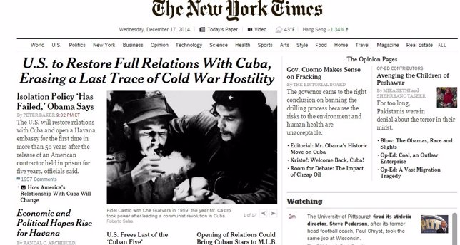 Portada de The New York Times, relaciones Cuba EEUU