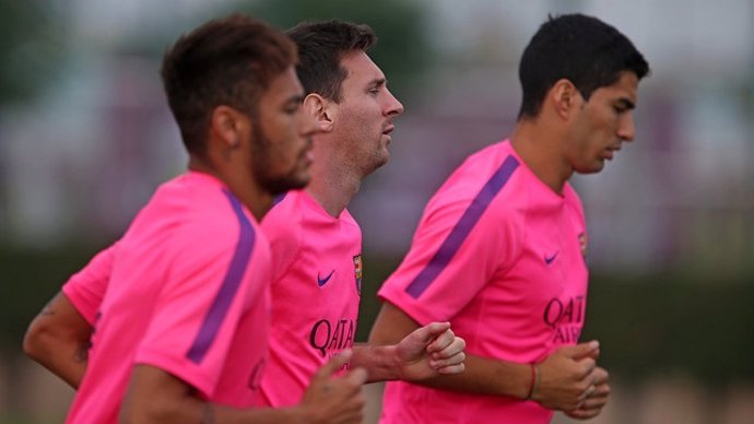 Neymar Messi Luis Suárez entrenamiento Barcelona