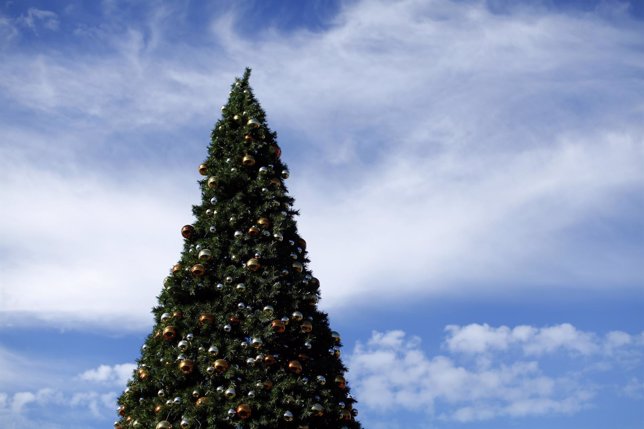 An outdoor artificial Christmas tree is displayed at a shopping center in San Di