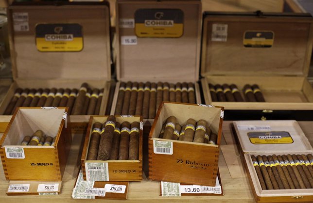 Cuban cigars for sale are on display at a hotel in Havana