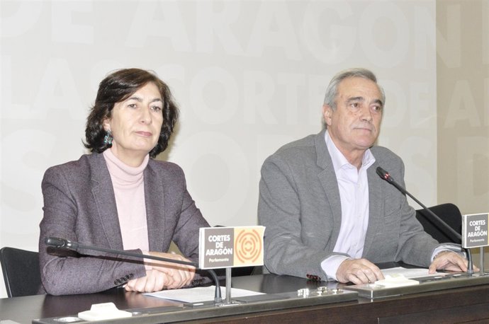 Ana Fernández y Javier Sada (PSOE) en la sala de prensa de las Cortes