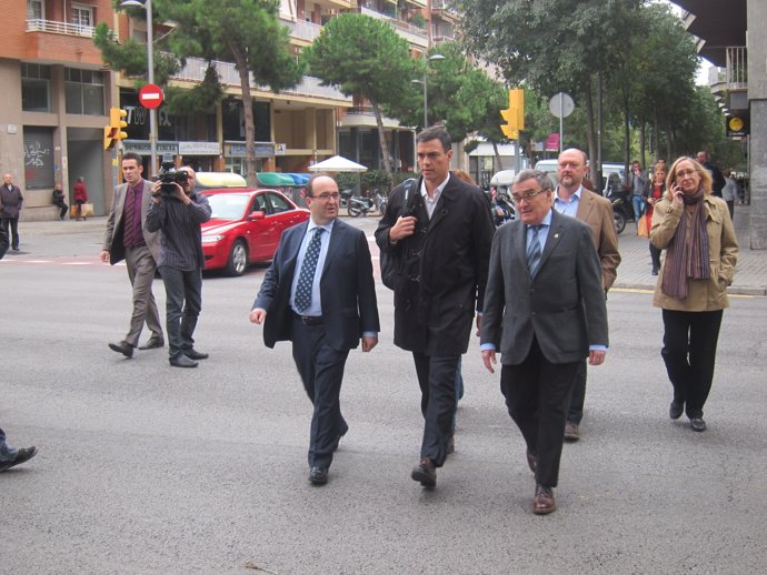 El primer secretario del PSC, M.Iceta, el del PSOE, P.Sánchez, y el pte. Del PSC