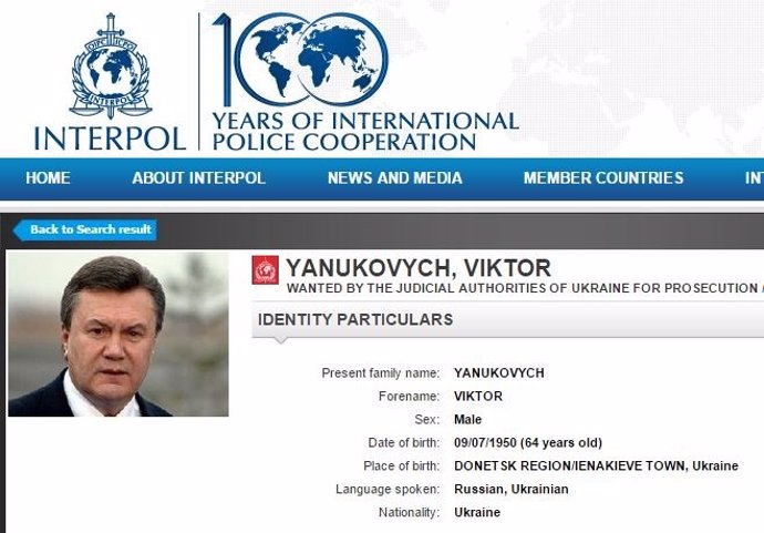 El expresidente ucraniano Viktor Yanukovich, buscado por Interpol