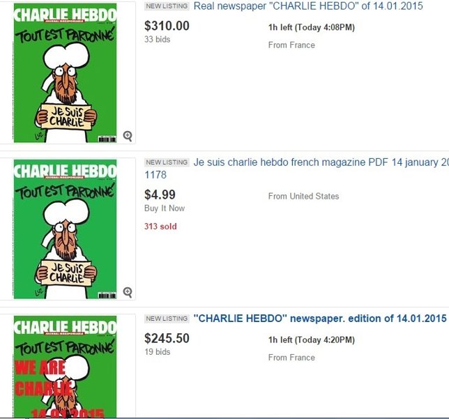 Página de eBay donde se subastan ejemplares del último número de Charlie Hebdo