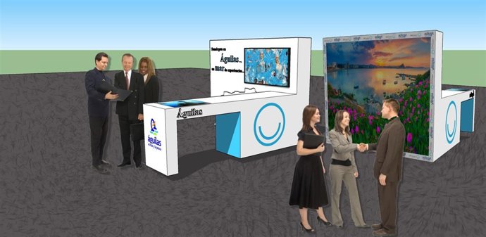 Foto-Recreación de la parte frontal y trasera del mostrador de Águilas en FITUR