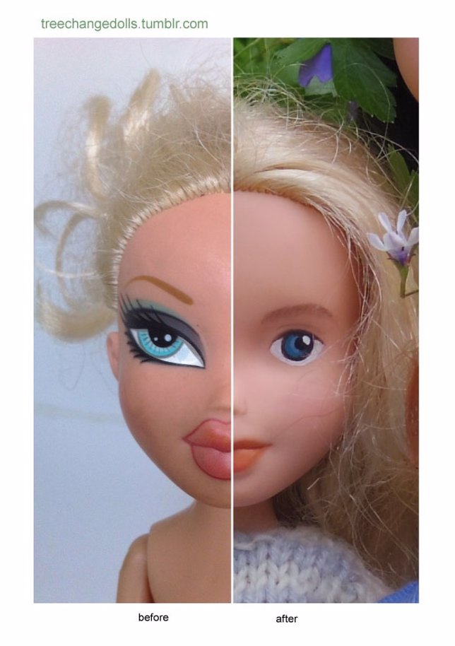 Antes y después de una muñeca Bratz maquillada