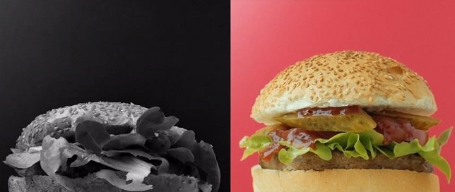 Hamburguesa antes y después de un estilista de alimentos
