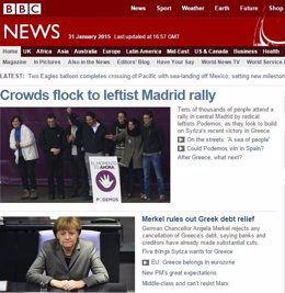 Portada página de la BBC manifestación Podemos
