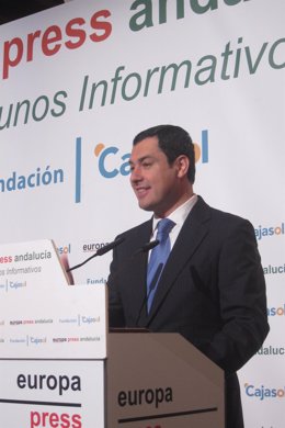 Juanma Moreno, presidente del PP-A, en los Desayunos de Europa Press Andalucía