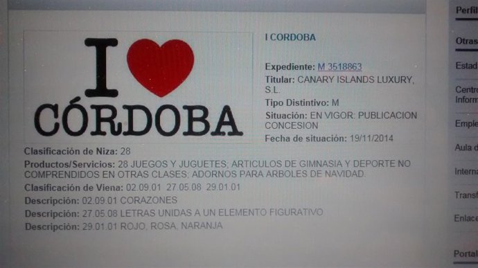 Imagen del registro en la OEPM por la empresa canaria