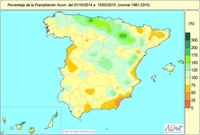 Mapa de lluvias en España a fecha de 10 de febrero de 2015