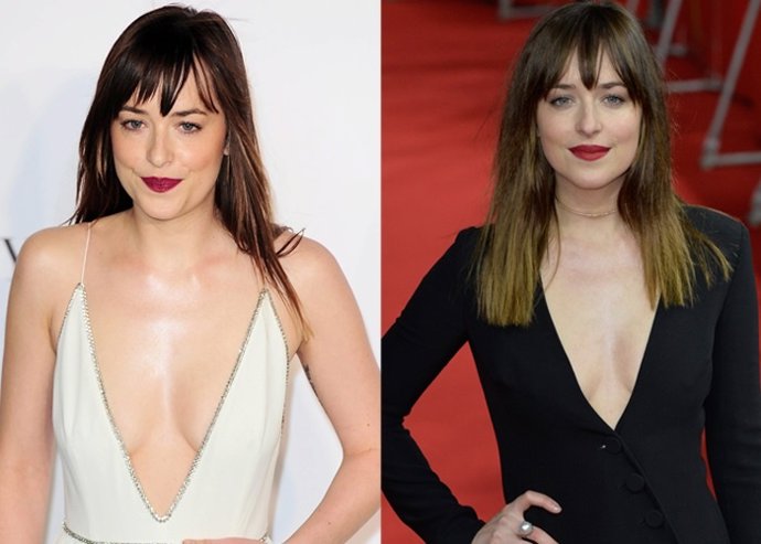 Dakota Johnson apuesta por el escote para presentar '50 sombras de Grey'