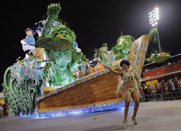 Reveller from the Aguia de Ouro Samba School takes part in a carnival at Anhembi