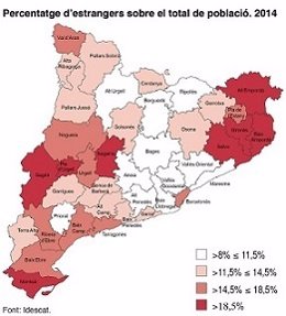 Mapa con porcentaje de población extranjera en Catalunya