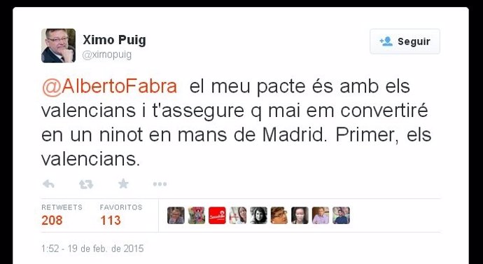 Puig (PSPV) responde a Fabra en Twitter.