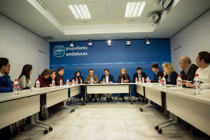 Reunión de Juanma Moreno con los Alpes en la sede del PP-A