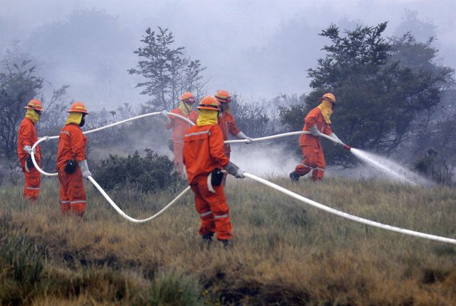 Bomberos Trabajan En Chile En El Incendio Del Parque Nacional Torres Del Paine