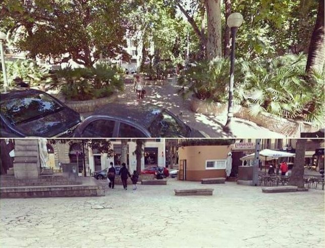 Plaça del Mercat antes y después de la tala de árboles y plantas