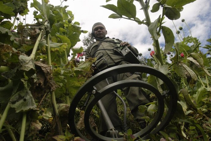 Un policía colombiano busca explosivos abandonados en Colombia