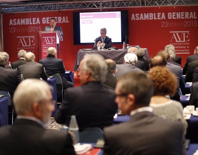 Vicente Boluda interviene en la Asamblea General de AVE de 2015.