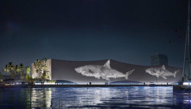 Entrada del futuro Acuario Poema del Mar de noche