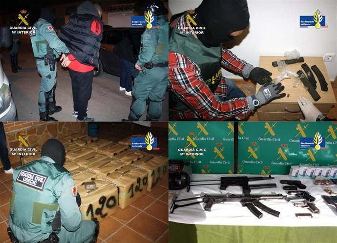 Imagen de los detenidos, las armas y la droga intervenida en la operación