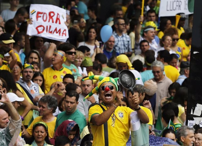 Demonstrator shouts slogans during a protest against Brazil's President Dilma Ro