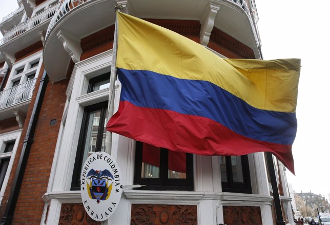 A flag is seen outside the Ecuador embassy in London