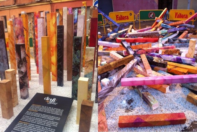 La falla montada (izq) y destrozada (dcha)