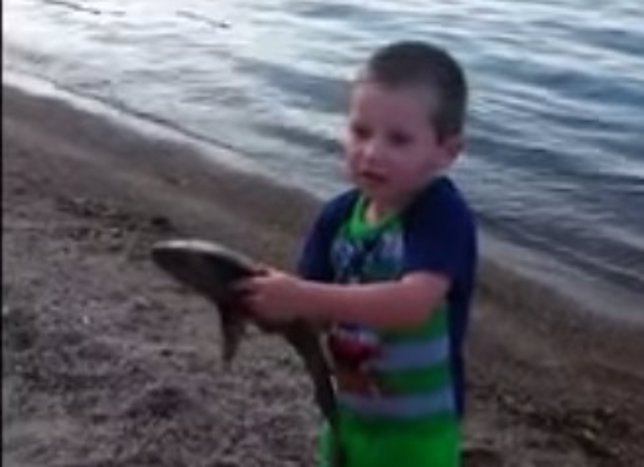 Niño consigue pescar pez con la mano
