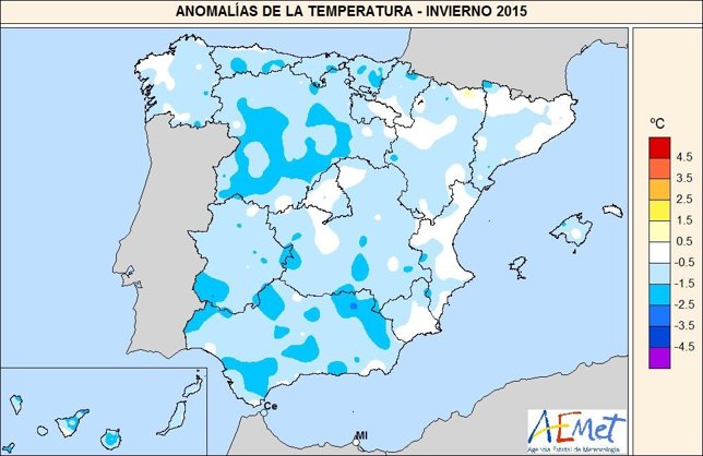 Mapa de anomalías de temperatura de la Aemet