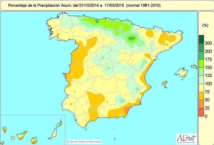 Mapa de precipitaciones en España hasta el 17 de marzo de 2015