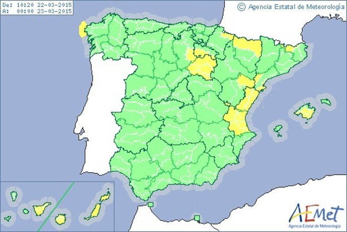 Alerta amarilla por lluvias en Castellón y Valencia