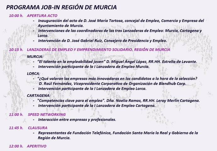 Imagen del programa del  'Job-In Región de Murcia. I Encuentro interprofesional'