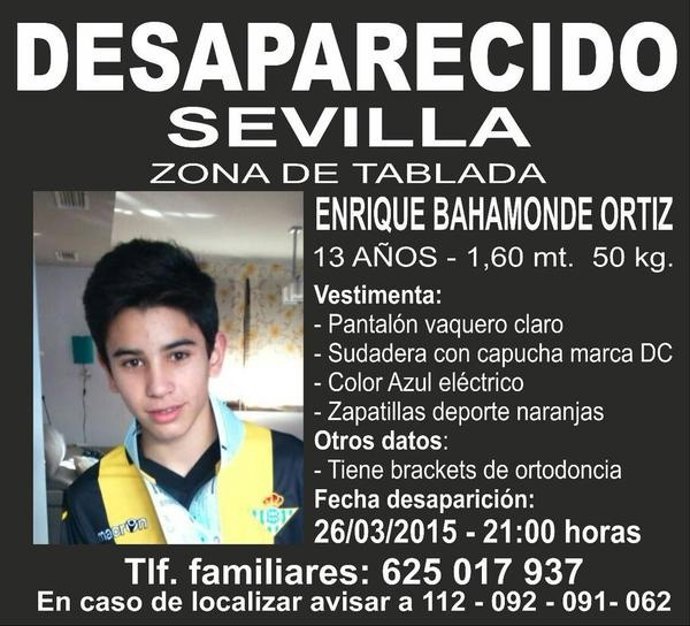 Menor de 13 años desaparecido en Sevilla