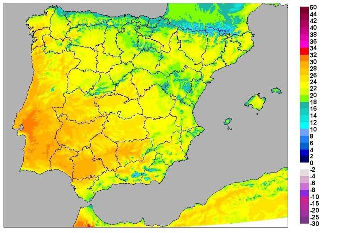 Mapa de temperaturas máximas previsto para Viernes Santo de 2015