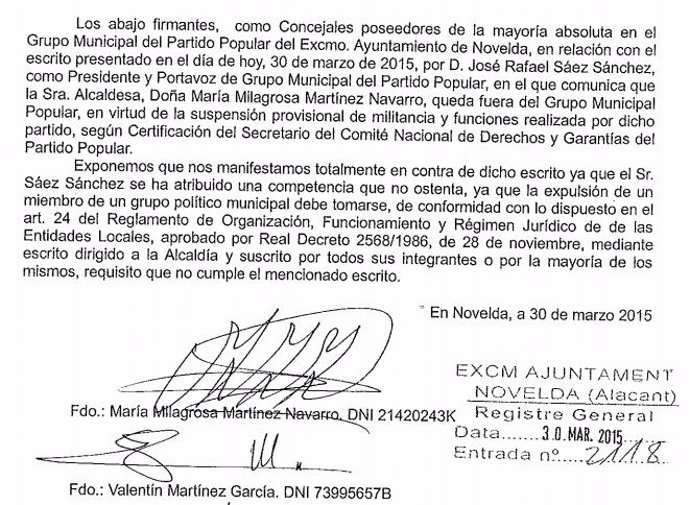 Documento en el que se rechaza la expulsión de Milagrosa Martínez