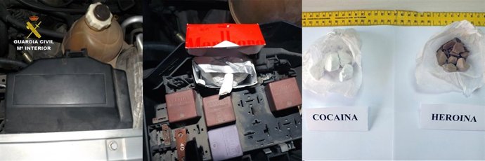 Imagen de la droga y el lugar en el que era ocultada dentro del vehículo