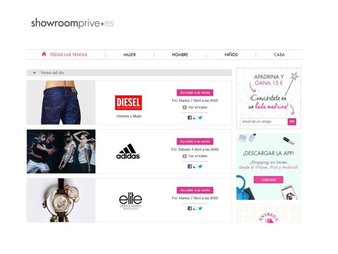 Captura de la web showroomprive.Es