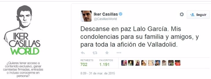 El tuit en el que Iker Casillas muestra su pésame por la pérdida de Lalo García