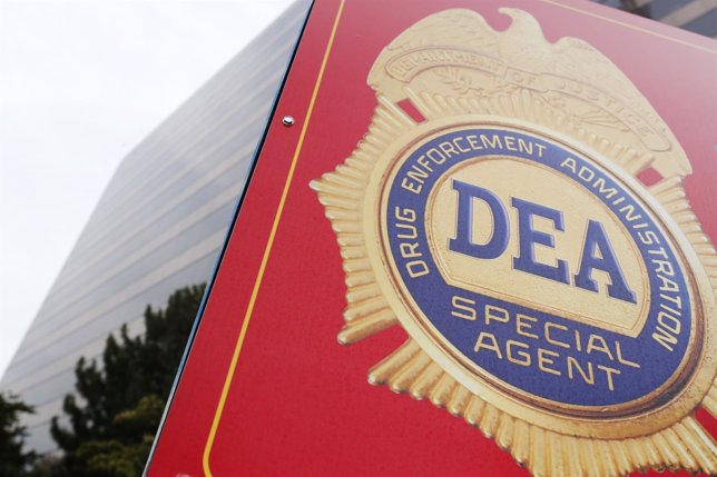 A sign with a DEA badge marks the entrance to the U.S. Drug Enforcement Administ