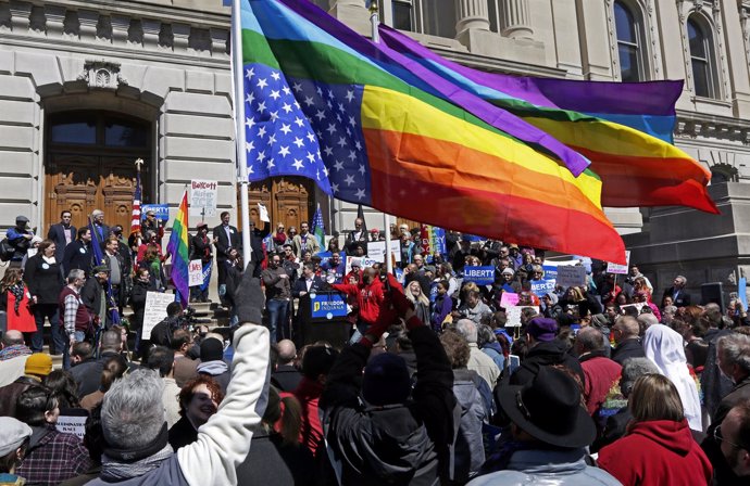 Demonstrators gather to protest a controversial religious freedom bill in Indian