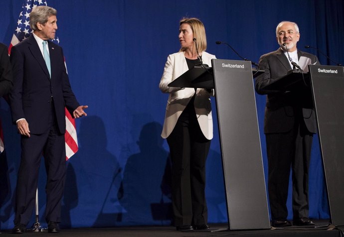 Kerry, Mogherini y Zarif, en comparecencia sobre el acuerdo del 5 más 1 con Irán