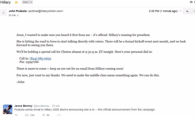 Mensaje de John Podesta confirmando la candidatura de Hillary Clinton