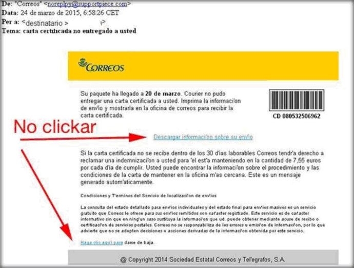 Estafa a usuarios de Internet con falsos mails de Correos