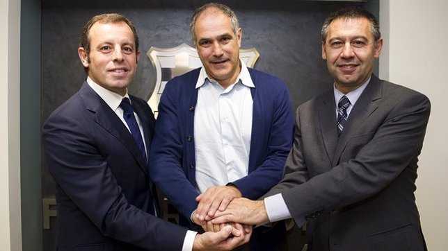 El presidente del FC Barcelona, Sandro Rosell, con Zubizarreta y Bartomeu